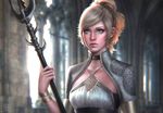  abigail_diaz blonde_hair blue_eyes blurry depth_of_field final_fantasy final_fantasy_xv hair_up looking_at_viewer lunafreya_nox_fleuret md5_mismatch polearm solo trident upper_body weapon window 