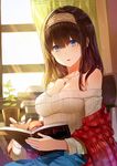  bare_shoulders black_hair blue_eyes blush book breasts cleavage curtains hairband highres idolmaster idolmaster_cinderella_girls kim_eb large_breasts long_hair necktie parted_lips plant potted_plant sagisawa_fumika shawl solo sweater window 