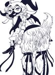  black_and_white butt demon eyewear fluffy fur glasses hair horn looking_back monochrome o-den open_mouth ribbons smile solo wings 