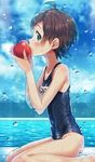  apple bad_id bad_pixiv_id blue_eyes blush breasts brown_hair eating food from_side fruit highres idolmaster idolmaster_million_live! kinoshita_hinata looking_at_viewer name_tag narumi_arata old_school_swimsuit one-piece_swimsuit school_swimsuit seiza shiny shiny_clothes short_hair sitting small_breasts solo swimsuit wariza water wet wet_clothes wet_hair 