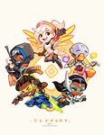  3girls :d ^_^ ana_(overwatch) arm_up artist_name beige_background black_gloves black_hair black_legwear blonde_hair chibi cloak closed_eyes closed_mouth cup dark_skin english floating floating_object full_body gloves goggles grin headgear headphones holding holding_cup hood hooded_cloak long_hair looking_at_viewer lucio_(overwatch) machinery mechanical_wings mercy_(overwatch) multiple_girls old_woman onemegawatt open_mouth overwatch ponytail robot round_teeth saucer simple_background smile symmetra_(overwatch) tea teacup teeth thighhighs visor waving weapon wings zenyatta_(overwatch) 