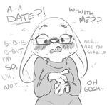  anthro black_and_white blush buckteeth clothed clothing cute dialogue ears_down embarrassed english_text eyewear female glasses lagomorph looking_at_viewer mammal monochrome nervous nobody_(artist) rabbit solo sweater teeth text 