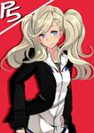  blonde_hair blue_eyes highres jacket kujou_ichiso long_hair persona persona_5 solo takamaki_anne twintails 