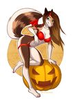  5_fingers anthro barefoot bent_over breasts brown_fur brown_hair canine clothing dog female food fruit fur hair heterochromia long_hair mammal midriff pink_nose pumpkin simple_background solo spefides standing tan_fur white_fur wide_hips 