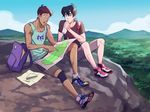  backpack bag black_hair bottle brown_hair cloud dark_skin dark_skinned_male day drinking food food_on_face hyakujuu-ou_golion keith_(voltron) lance_(voltron) looking_down magatsumagic male_focus map multiple_boys sandwich shoes shorts sky sneakers tank_top tree voltron:_legendary_defender water_bottle 