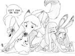  black_and_white canine clothing disney english_text female fox ittybittykittytittys jack_savage judy_hopps lagomorph male mammal monochrome nick_wilde rabbit simple_background skye_(zootopia) speech_bubble sweat text twister underwear zootopia 