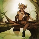  4_toes 5_fingers anthro black_nose brown_fur brown_theme canine clothed clothing day digitigrade forest fox fur holding_object holding_weapon jewelry knife male mammal necklace outside sitting solo tan_fur tan_hair thanshuhai toes topless tree tree_branch weapon 