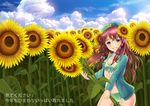  bad_id bad_pixiv_id beret blush bow bra braid breasts cloud cloudy_sky commentary_request cowboy_shot day field flower flower_field green_bow green_bra green_eyes green_panties green_shirt grin hair_bow hair_flower hair_ornament hat hong_meiling long_hair long_sleeves looking_at_viewer medium_breasts navel no_pants open_clothes open_shirt outdoors panties red_hair shirt sky smile solo star stomach sunflower sunflower_hair_ornament touhou translation_request twin_braids uemura_shun underwear 