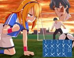  1girl ball black_hair blue_legwear brown_eyes clenched_teeth dirty_face hanrei_(dqncncilust) highres idolmaster idolmaster_cinderella_girls kneehighs kneeling long_hair orange_hair producer_(idolmaster_cinderella_girls_anime) soccer soccer_ball soccer_field soccer_uniform sportswear sunset sweat teeth yuuki_haru 