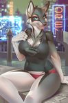  2016 anthro big_breasts black_fur blue_eyes breasts brown_fur canine city cleavage clothed clothing dc_comics english_text female fur grey_fur light looking_at_viewer mammal miles_df panties shirt sitting smile solo text underwear white_fur 