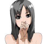  1girl bare_shoulders black_eyes chiisan female grey_hair looking_at_viewer nude simple_background smile solo tagme what white_background 