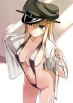  absurdres arched_back bikini bismarck_(kantai_collection) blonde_hair blue_eyes breasts cleavage collarbone from_above grey_bikini hair_between_eyes hat highres kantai_collection large_breasts long_hair military_hat navel o-ring o-ring_bikini oota_yuuichi open_mouth peaked_cap scan slingshot_swimsuit solo strap_gap sweat swimsuit towel 
