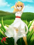  anthro armpits blonde_hair clothing day detailed_background dress female grass hair invalid_tag mammal mouse open_mouth orange_eyes outside pink_nose rodent sky smile solo spazzykoneko standing teeth tongue 