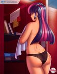  1girl ass back bare_shoulders black_panties butt_crack from_behind hime_cut locker long_hair looking_at_viewer looking_back multicolored_hair my_little_pony my_little_pony_friendship_is_magic panties personification pink_hair purple_eyes purple_hair shiny shiny_hair shiny_skin solo soul_addicted topless towel twilight_sparkle very_long_hair 