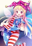  american_flag_dress american_flag_legwear bangs blonde_hair blush breasts clownpiece dress dress_lift fairy_wings givuchoko hat highres jester_cap lifted_by_self long_hair looking_at_viewer medium_breasts neck_ruff open_mouth pantyhose pink_eyes polka_dot short_dress short_sleeves sky smile solo star star_(sky) star_print starry_sky striped striped_legwear thigh_gap touhou wings 