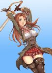  :d absurdres belt blue_eyes boots braid breasts brown_hair carren_estapera cleavage crown_braid feathers gloves granblue_fantasy hair_feathers highres large_breasts long_hair looking_at_viewer miniskirt open_mouth plaid plaid_skirt pm_tii_(matuko1024) skirt smile solo sword thigh_boots thighhighs underbust v-shaped_eyebrows weapon 
