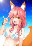  :d animal_ears benitsuki_tsubasa bikini bikini_under_clothes blue_bikini blush bracelet collarbone commentary_request day fang fate/extra fate/grand_order fate_(series) fox_ears fox_girl fox_shadow_puppet fox_tail jewelry looking_at_viewer low_twintails open_mouth pink_hair see-through shirt short_sleeves smile solo sunlight sweat swimsuit t-shirt tail tamamo_(fate)_(all) tamamo_no_mae_(fate) tamamo_no_mae_(swimsuit_lancer)_(fate) twintails twitter_username upper_body wet wet_clothes wet_shirt wet_t-shirt yellow_eyes 