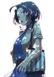  ahoge bad_id bad_pixiv_id bag blue_hair breasts dress handbag highres idolmaster idolmaster_(classic) medium_breasts miura_azusa narumi_arata open_mouth red_eyes short_hair simple_background solo white_background 