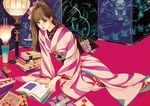  book brown_eyes brown_hair highres japanese_clothes kimono long_hair matsuo_hiromi obi original sash solo 