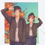  1girl arm_at_side arm_up autumn autumn_leaves ayase_madoka_(yumeiro_cast) backpack bag bangs beanie black_hat blue_pants blush brown_eyes brown_hair brown_jacket casual closed_mouth cowboy_shot denim denim_skirt falling_leaves flat_chest gradient hair_ornament hairclip hand_on_head hat jacket jougasaki_subaru leaf long_sleeves looking_at_another looking_to_the_side matching_outfit miki_(minkqs) nail_polish open_clothes open_jacket outside_border pants pocket red_nails shirt short_hair side-by-side skirt sky smile swept_bangs t-shirt unzipped yumeiro_cast 