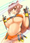  :3 antenna_hair bare_shoulders black_panties blazblue blush breasts brown_eyes brown_hair cleavage clenched_hands covered_nipples cowboy_shot crop_top fingerless_gloves gloves highleg highleg_panties highres hiro_(phese) large_breasts makoto_nanaya midriff miniskirt multicolored_hair navel open_mouth panties revealing_clothes short_hair side_slit skirt solo tonfa two-tone_hair underboob underwear weapon 