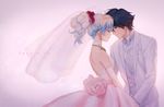  1girl 2016 absurdres black_hair blonde_hair blue_hair bow bowtie bridal_veil bride closed_eyes couple dated dress earrings elbow_gloves forehead-to-forehead formal gloves groom hetero highres husband_and_wife jewelry long_hair mosako nia_teppelin simon suit tengen_toppa_gurren_lagann tuxedo veil wedding wedding_dress white_gloves 