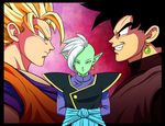  arms_behind_back black_eyes black_hair blonde_hair chris_re5 dougi dragon_ball dragon_ball_super earrings evil_grin evil_smile gokuu_black green_eyes green_skin grin highres jewelry male_focus mohawk multiple_boys pointy_ears serious smile son_gokuu super_saiyan white_hair zamasu 