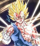  blonde_hair blood bruise dragon_ball dragon_ball_z electricity facial_mark forehead_mark gloves green_eyes greymon_(nodoame1215) highres injury majin_vegeta male_focus muscle smile solo spiked_hair super_saiyan upper_body vegeta veins white_gloves widow's_peak 