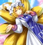  bad_id bad_pixiv_id banned_artist blonde_hair blush breasts cherry_blossoms commentary_request dress dutch_angle fox_girl fox_tail frilled_sleeves frills hat kitsune kyuubi large_breasts long_sleeves looking_at_viewer multiple_tails parted_lips pillow_hat short_hair smile solo tabard tail tassel touhou tsukiriran white_dress yakumo_ran yellow_eyes 