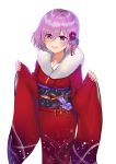  1girl absurdres blush eyebrows_visible_through_hair fate/grand_order fate_(series) fur_trim hair_between_eyes hair_ornament highres japanese_clothes jjeono kimono long_sleeves looking_at_viewer mash_kyrielight obi open_mouth purple_eyes purple_hair red_kimono sash short_hair simple_background sleeves_past_wrists smile solo white_background wide_sleeves 