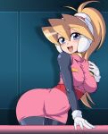  1girl bangs bent_over blonde_hair blue_eyes blush breasts ciel_(rockman) covered_navel eyebrows_visible_through_hair gloves hair_between_eyes headgear high_ponytail impossible_clothes long_hair open_mouth pantyhose pink_skirt ponytail rockman rockman_zero semikichi simple_background skin_tight skirt smile solo taut_clothes white_gloves 