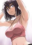  armpits arms_up bare_arms bare_shoulders black_hair breasts cleavage drying drying_hair dutch_angle hair_between_eyes lips medium_breasts midriff navel original purple_eyes short_hair simple_background smile solo strap_gap sweat tank_top tea_(nakenashi) towel upper_body water 