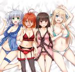  :d ;d amagi_brilliant_park antenna_hair arm_up ass_visible_through_thighs babydoll bangs barefoot bed_sheet between_breasts black_legwear blonde_hair blue_eyes blunt_bangs blush bra breasts brown_eyes brown_hair cleavage collarbone fang garter_belt girl_sandwich green_eyes hair_between_eyes hair_ornament hair_ribbon holding_hands interlocked_fingers koborii_(amaburi) large_breasts leg_garter leg_up lingerie lying medium_breasts multi-strapped_panties multiple_girls muse_(amaburi) nakajima_yuka navel negligee on_back one_eye_closed open_mouth panties pink_panties red_bra red_eyes red_hair red_panties ribbon salama_(amaburi) sandwiched short_hair sidelocks silver_hair small_breasts smile sweatdrop sylphy_(amaburi) take_your_pick thighhighs two_side_up underwear 