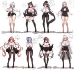  6+girls ahoge animal_ears atago_(azur_lane) azur_lane bangs bare_shoulders belfast_(azur_lane) black_dress black_hair black_legwear black_panties black_ribbon black_skirt blue_eyes blue_hair blush bow breast_squeeze breasts brown_eyes choker cleavage cleavage_cutout closed_mouth collarbone commentary_request covered_navel crossed_bangs dress erect_nipples extra_ears eyebrows_visible_through_hair floating_hair flower full_body garter_straps geonjeonhannick graf_zeppelin_(azur_lane) hair_between_eyes hair_bow hair_flaps hair_flower hair_ornament hair_ribbon head_tilt heart highres honolulu_(azur_lane) huge_breasts illustrious_(azur_lane) korean_commentary korean_text lifted_by_self long_hair looking_at_viewer mask mask_on_head multiple_girls panties panty_pull pantyhose parted_lips pencil_skirt ponytail purple_eyes red_eyes red_hair ribbon shirt sidelocks silver_hair simple_background skirt skirt_lift smile speech_bubble st._louis_(azur_lane) standing swept_bangs taihou_(azur_lane) takao_(azur_lane) thick_thighs thigh_gap thigh_strap thighhighs thighs twintails underwear very_long_hair white_background white_bow white_hair white_ribbon white_shirt wide_hips 