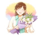  ^_^ ahn bouquet brown_hair closed_eyes collared_shirt earrings flower holding holding_bouquet idolmaster idolmaster_cinderella_girls jacket jewelry lily_(flower) long_hair long_sleeves necktie nitta_minami open_mouth shirt smile solo upper_body 