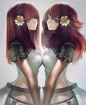  breast_press breasts devola dress flower green_eyes hair_flower hair_ornament highres kanechi long_hair looking_at_viewer looking_to_the_side medium_breasts multiple_girls nier nier_(series) nier_automata popola red_hair siblings sisters symmetrical_docking twins 