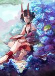  alcohol ankle_ribbon bangs barefoot blue_eyes blunt_bangs crossed_legs cup fate/grand_order fate_(series) faux_traditional_media feet flat_chest flower horns hydrangea japanese_clothes kimono looking_at_viewer mukudori10 off_shoulder one_eye_closed oni oni_horns outdoors purple_hair ribbon sakazuki sake short_hair shuten_douji_(fate/grand_order) sitting smile soles solo 