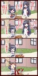  3girls 4koma :d :o ^_^ admiral_(kantai_collection) bag behind_tree black_hair blush breasts brown_eyes brown_hair chestnut closed_eyes comic commentary detached_sleeves dress faceless faceless_male fire floral_print food fusou_(kantai_collection) hair_ornament hat headgear hiding highres japanese_clothes kantai_collection kuon_(nokokopopo) large_breasts long_hair long_sleeves looking_back military_hat miniskirt multiple_girls neckerchief nontraditional_miko object_hug open_mouth outdoors peaked_cap peeking_out red_eyes red_skirt remodel_(kantai_collection) sailor_collar sailor_dress school_uniform serafuku short_hair skirt smile squatting sweet_potato translated tree white_legwear wide_sleeves window yamashiro_(kantai_collection) yukikaze_(kantai_collection) 