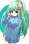  adjusting_hair alternate_costume athena_(p&amp;d) blush buruma green_hair gym_uniform hair_ornament highres long_hair looking_at_viewer pikomarie puzzle_&amp;_dragons red_eyes shield solo sweater very_long_hair zipper 