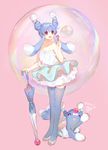  :d ^_^ artist_name bare_arms bare_shoulders blue_hair blue_legwear blush brionne closed_eyes closed_umbrella collarbone dress eyebrows eyebrows_visible_through_hair fang full_body gen_7_pokemon heart holding holding_umbrella layered_dress legs_together namie-kun open_mouth personification pink_background pokemon pokemon_(creature) quad_tails red_eyes shoes simple_background smile soap_bubbles standing strapless strapless_dress tareme thighhighs umbrella white_dress white_footwear zettai_ryouiki 
