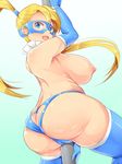  ass blonde_hair blue_eyes blue_gloves blue_legwear blue_panties blush breasts gloves gradient gradient_background heart_cutout large_breasts long_hair looking_at_viewer looking_back mask nashipasuta nipples open_mouth panties pole pole_dancing rainbow_mika simple_background smile solo street_fighter stripper_pole topless twintails underwear 
