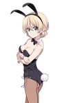  animal_ears ass bare_shoulders black_leotard blonde_hair blue_eyes blush braid breasts brown_legwear bunny_ears bunny_tail bunnysuit cleavage collarbone crossed_arms darjeeling fake_animal_ears girls_und_panzer highres hiroyuki leotard looking_at_viewer medium_breasts pantyhose shiny shiny_hair shiny_skin short_hair side-tie_leotard simple_background smile solo tail white_background wrist_cuffs 