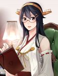  bangs bare_shoulders bespectacled black_hair book brown_eyes camel000 chair commentary_request cup desk_lamp detached_sleeves glasses hair_between_eyes hair_ornament hairband hairclip haruna_(kantai_collection) headgear japanese_clothes kantai_collection lamp long_hair looking_at_viewer nontraditional_miko ribbon-trimmed_sleeves ribbon_trim round_teeth sarashi smile solo swept_bangs teacup teeth upper_body 