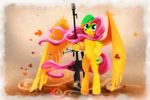  anthro blue_eyes equine feathers female fluttershy_(mlp) friendship_is_magic fur green_eyes gun hair hat holding_object holding_weapon hooves mammal my_little_pony nude pegasus pink_hair ranged_weapon shaadorian simple_background solo weapon wings yellow_feathers yellow_fur 
