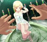  arm_at_side bangs bare_legs bare_shoulders barefoot bath bathtub black_ribbon blonde_hair blurry blush breasts cleavage closed_mouth collarbone cross-laced_clothes depth_of_field dress dutch_angle feet floor hand_on_own_head light_particles long_hair long_toenails looking_at_viewer monogatari_(series) nisemonogatari noa_(nagareboshi) oshino_shinobu out_of_frame partially_submerged pointy_ears pov pov_hands red_eyes reflection ribbon short_dress sitting sleeveless sleeveless_dress small_breasts smile soles solo_focus spaghetti_strap stained_glass strap_slip swept_bangs tile_floor tiles toenails water white_dress wrist_ribbon yellow_eyes 