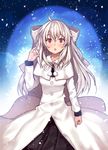  :o bad_id bad_pixiv_id blush bow coat eto_(nistavilo2) hair_bow hair_ribbon highres long_hair long_sleeves looking_at_viewer melty_blood night night_sky pleated_skirt red_eyes ribbon skirt sky snow snowflakes solo tsukihime white_bow white_hair white_len white_ribbon winter winter_clothes winter_coat 