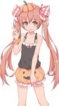  :d blush brown_eyes brown_hair fang flat_chest hair_ribbon halloween_costume highres kantai_collection libeccio_(kantai_collection) long_hair looking_at_viewer open_mouth ribbon shone simple_background smile solo striped twintails v very_long_hair white_background 