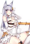  :3 animal_ears areola_slip areolae asymmetrical_clothes bangs bare_shoulders black_legwear blue_eyes blunt_bangs breasts cat_ears cleavage covered_nipples diamond_(shape) dress easel elbow_gloves erune eyebrows eyebrows_visible_through_hair fang gloves granblue_fantasy hair_ornament holding korwa long_hair looking_at_viewer medium_breasts osiimi quill silver_hair simple_background solo sparkle thighhighs white_background white_gloves white_legwear 