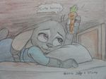  anthro bed carrot_pen clothed clothing disney female jppaqui_(artist) judy_hopps lagomorph long_ears mammal on_bed pencil_(artwork) pillow purple_eyes rabbit sketch solo traditional_media_(artwork) zootopia 