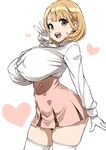  :d asanagi blonde_hair breasts brown_eyes buttons cowboy_shot gigantic_breasts gloves hair_ornament hairclip heart high-waist_skirt highres huge_breasts long_sleeves narusawa_ryouka occultic;nine open_mouth simple_background skirt smile solo teeth thighhighs underbust v white_background white_gloves white_legwear 